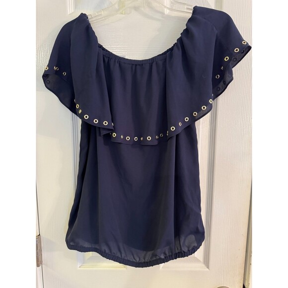 Michael Kors Navy Blue Flouncy Top Sz M Women Short Sleeves Gold Accents Blouse - Picture 1 of 9